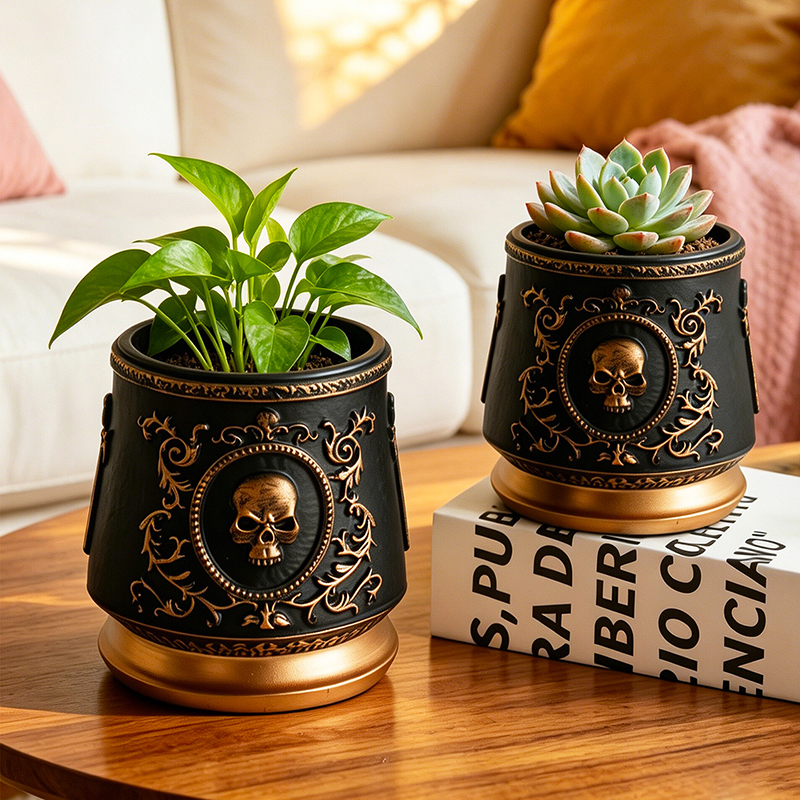 Echeveria Succulent - Gothic Skull Embossed Flower Pot Black